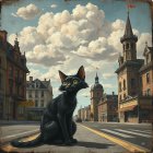 Black Cat on Cobblestone Street with Victorian Buildings