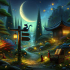 Serene Night Scene in a Mystical Asian Garden