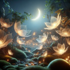 Serene Moonlit Landscape with Glowing Flowers and Stream