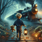 Young boy on cobblestone path in mystical forest