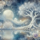 Serene landscape with white tree and reflective lake