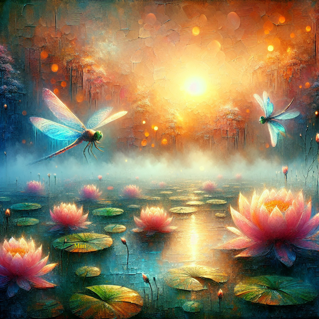 Serene Dusk Landscape with Water Lilies and Dragonflies