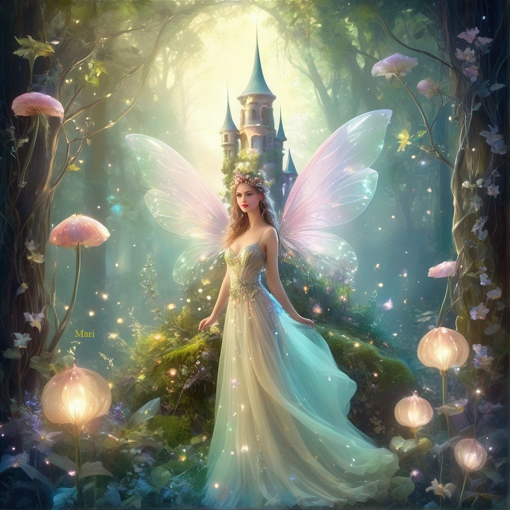 Fairy in Ethereal Gown in Enchanted Forest Setting