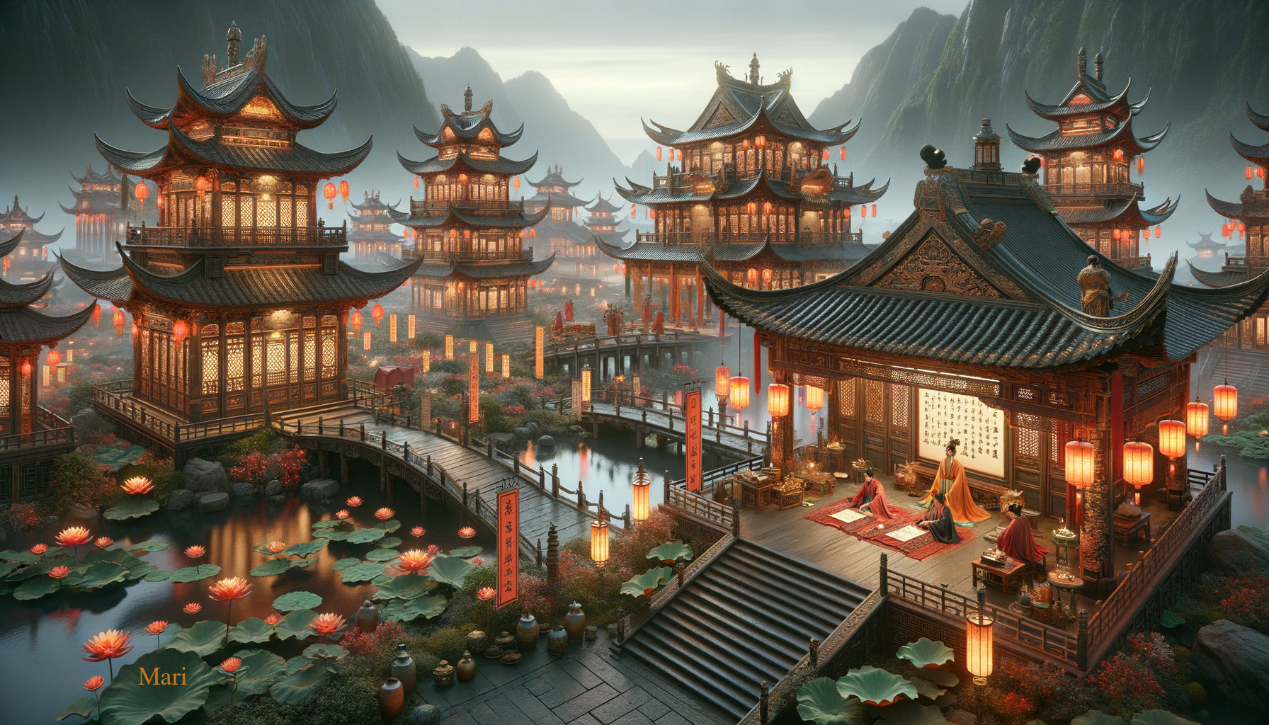 Misty Landscape with Asian Architecture and Lotus Flowers