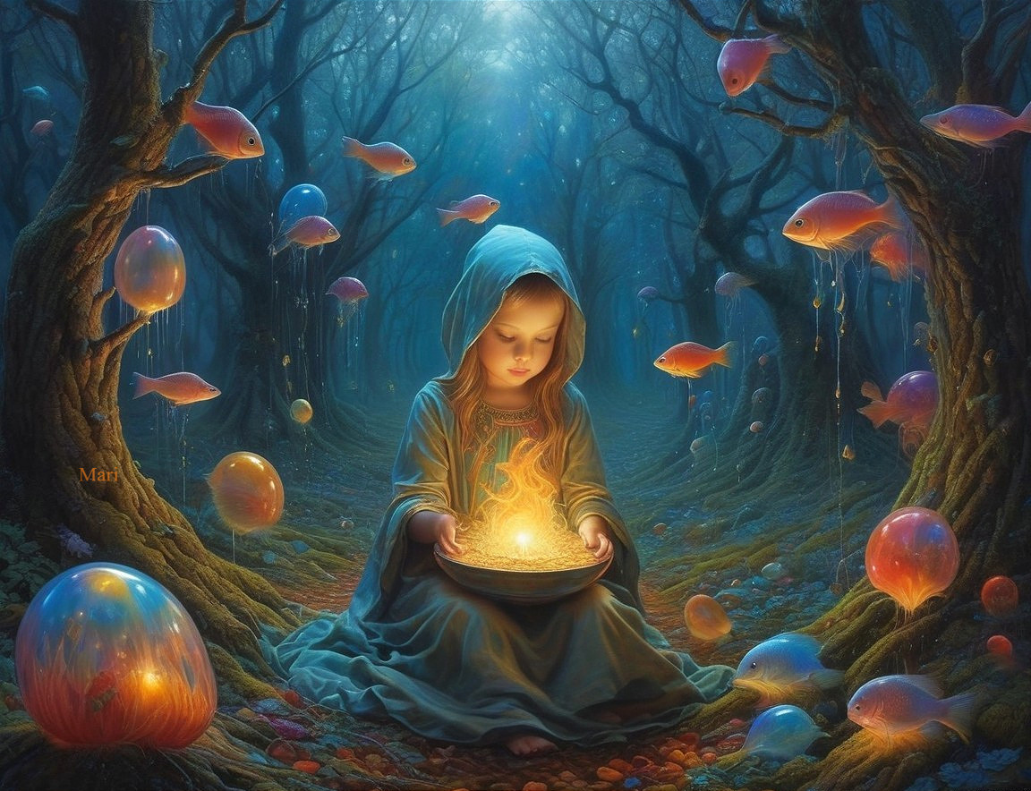 Young Girl in Cloak Surrounded by Glowing Orbs