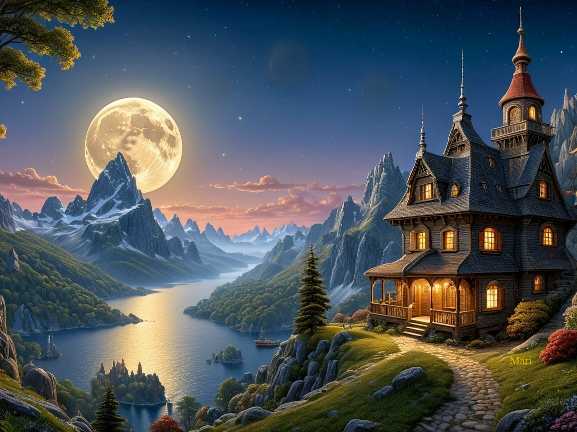 Fairy-Tale Landscape with Grand House and Moonlit Lake