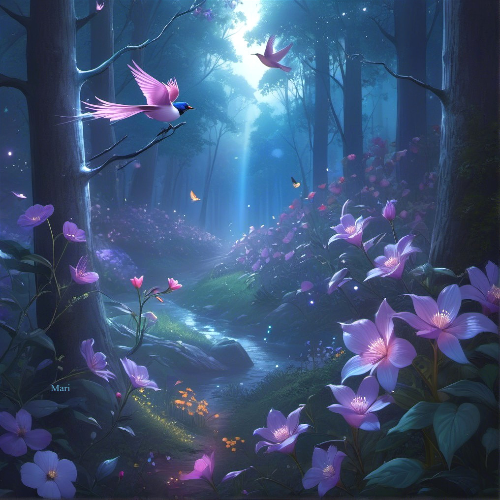 Serene forest scene with ethereal light and wildlife