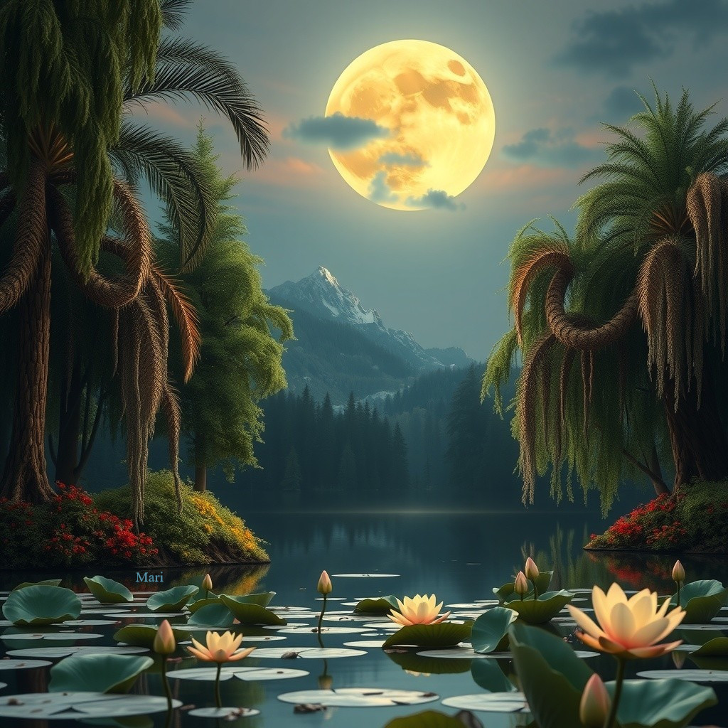 Tranquil Lake Scene Under a Full Moon and Mountains