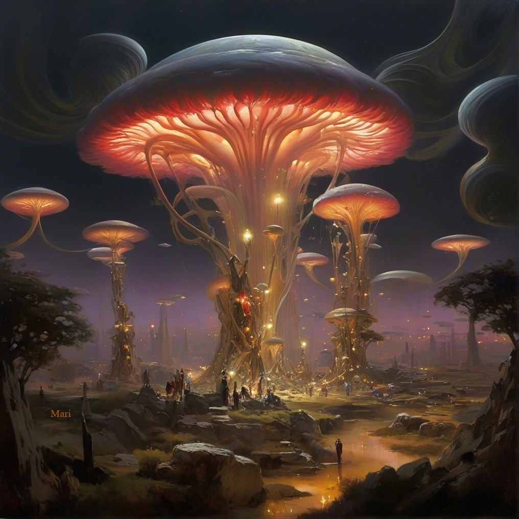 Surreal Landscape with Luminescent Mushrooms and Twilight