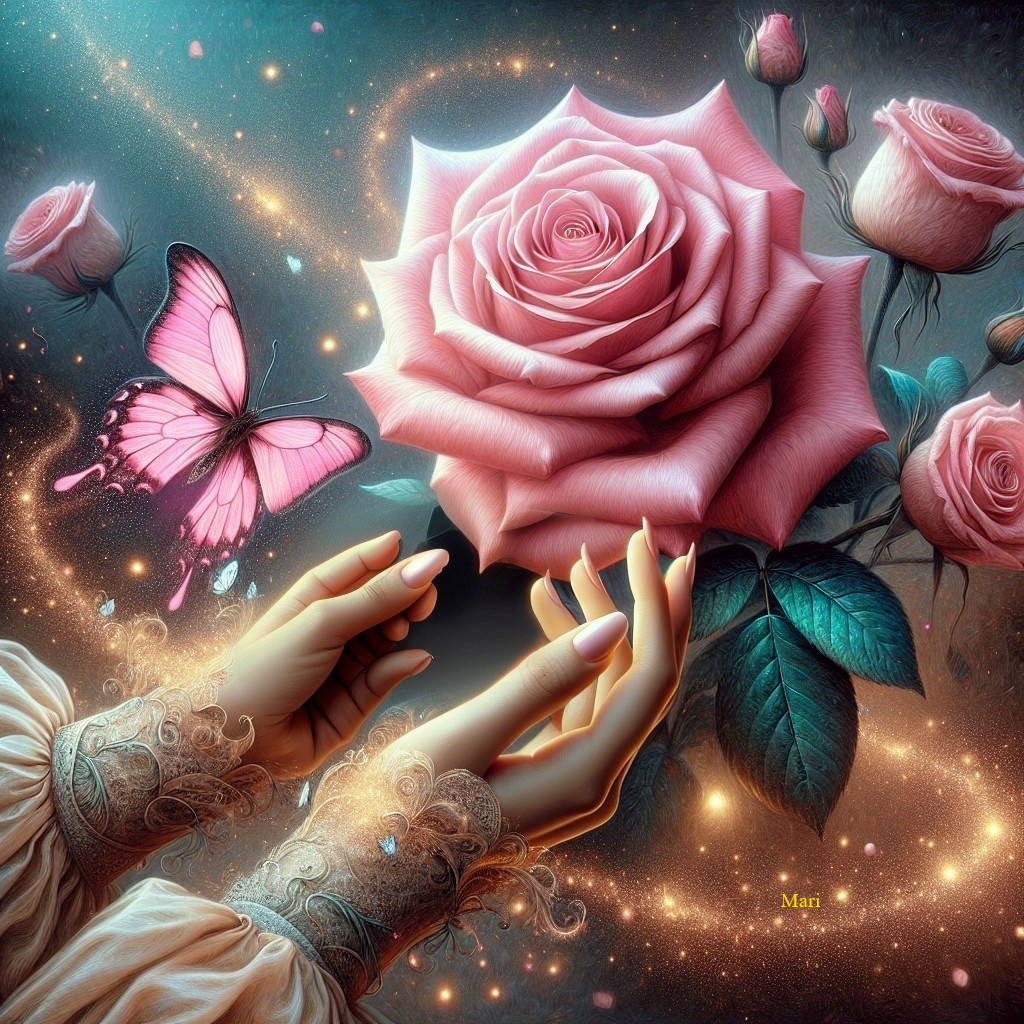 Delicate hands holding a pink rose in a galaxy scene