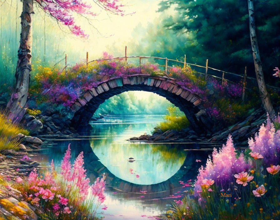 Serene Landscape with Stone Bridge and Wildflowers