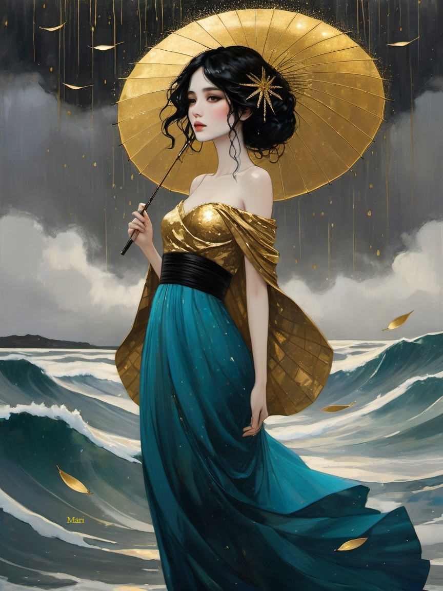 Serene Figure with Golden Umbrella Amidst Waves