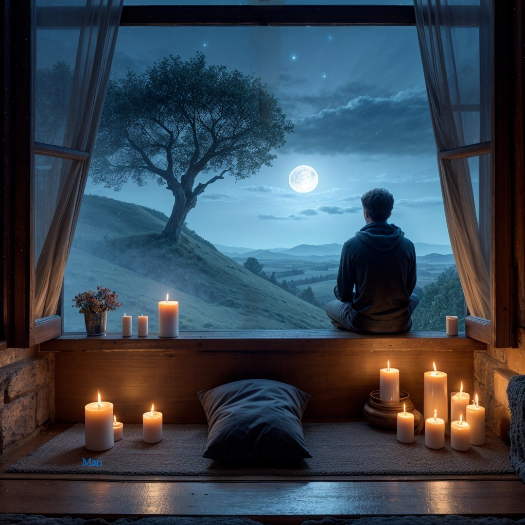 Serene Night Scene with Moonlit Hills and Candles