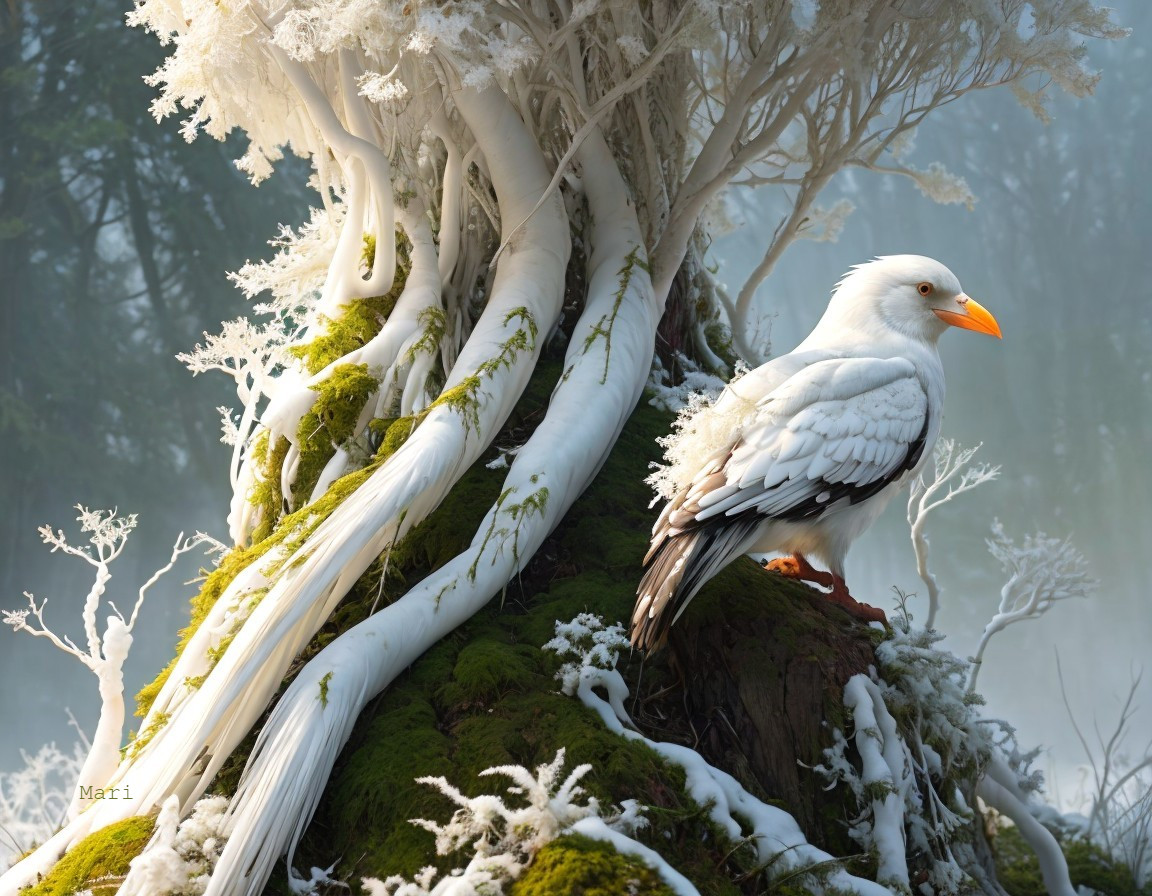 Striking white eagle with orange beak perched in misty forest