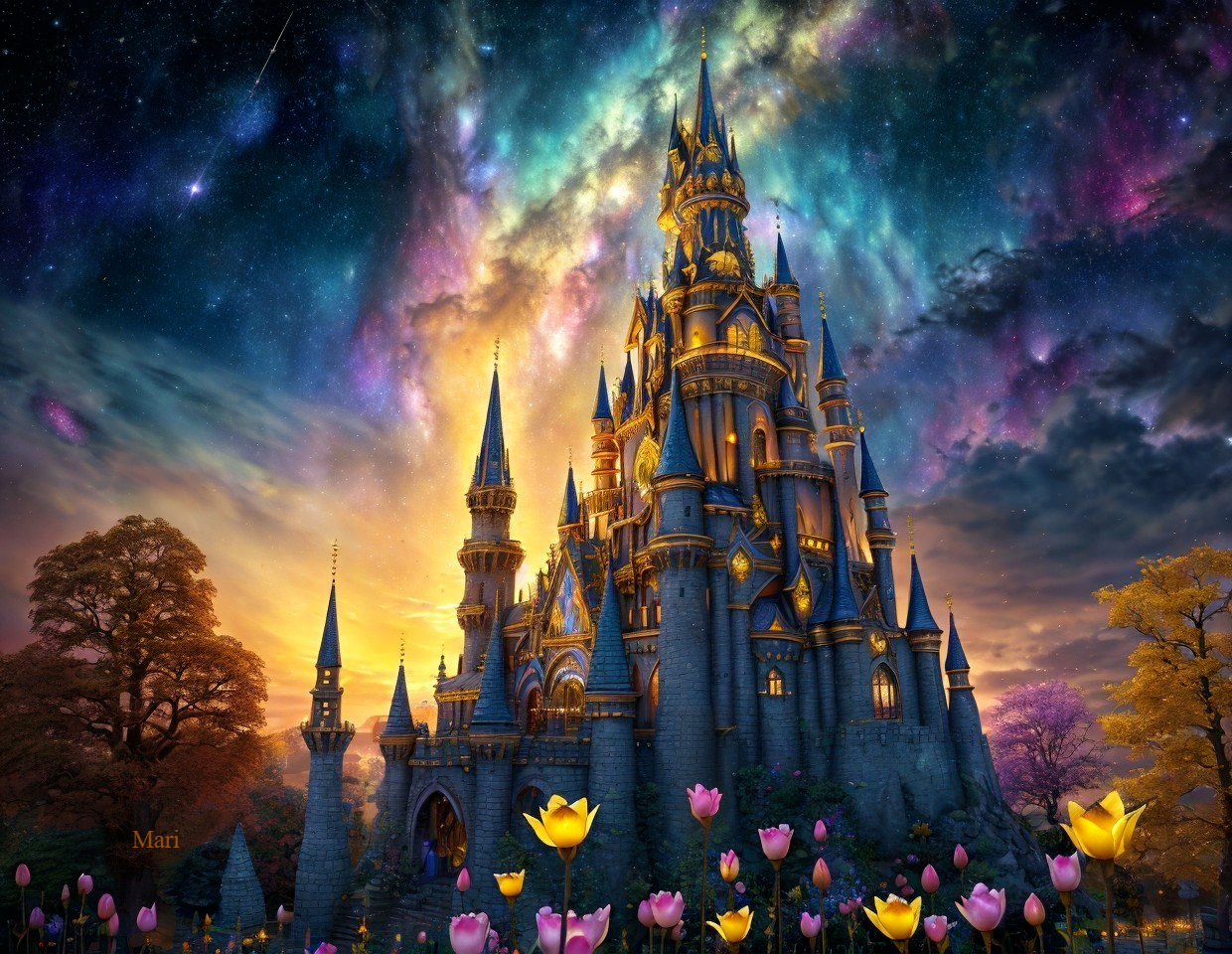 Castle Against Cosmic Night Sky with Vibrant Colors