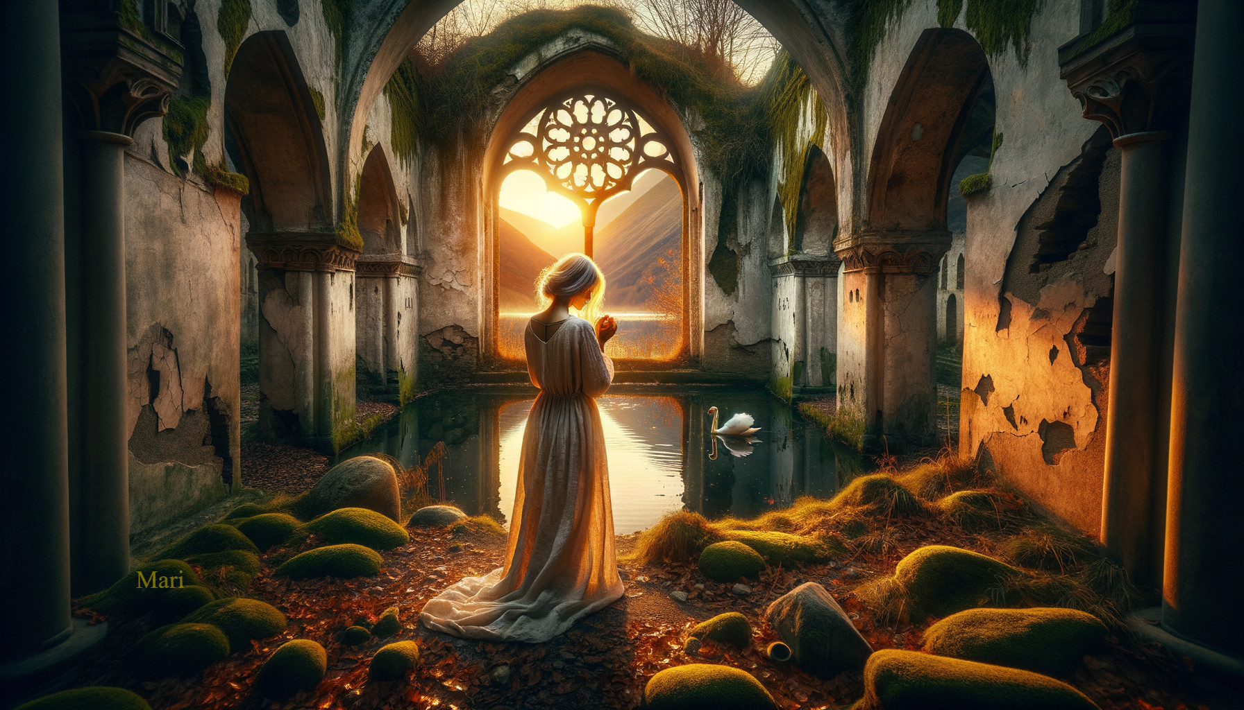 Gothic Ruins with Woman by Tranquil Pond Scene