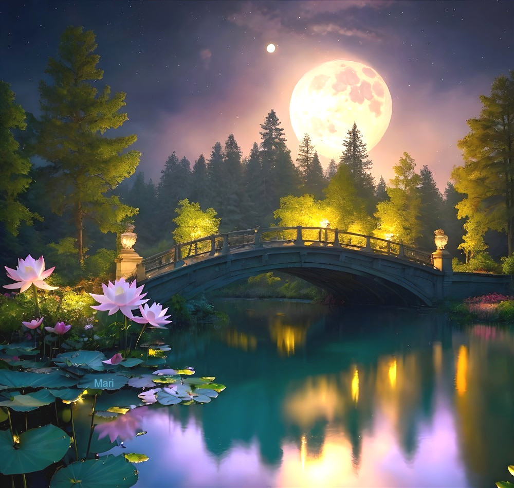 Serene Night Scene with Full Moon and Tranquil River