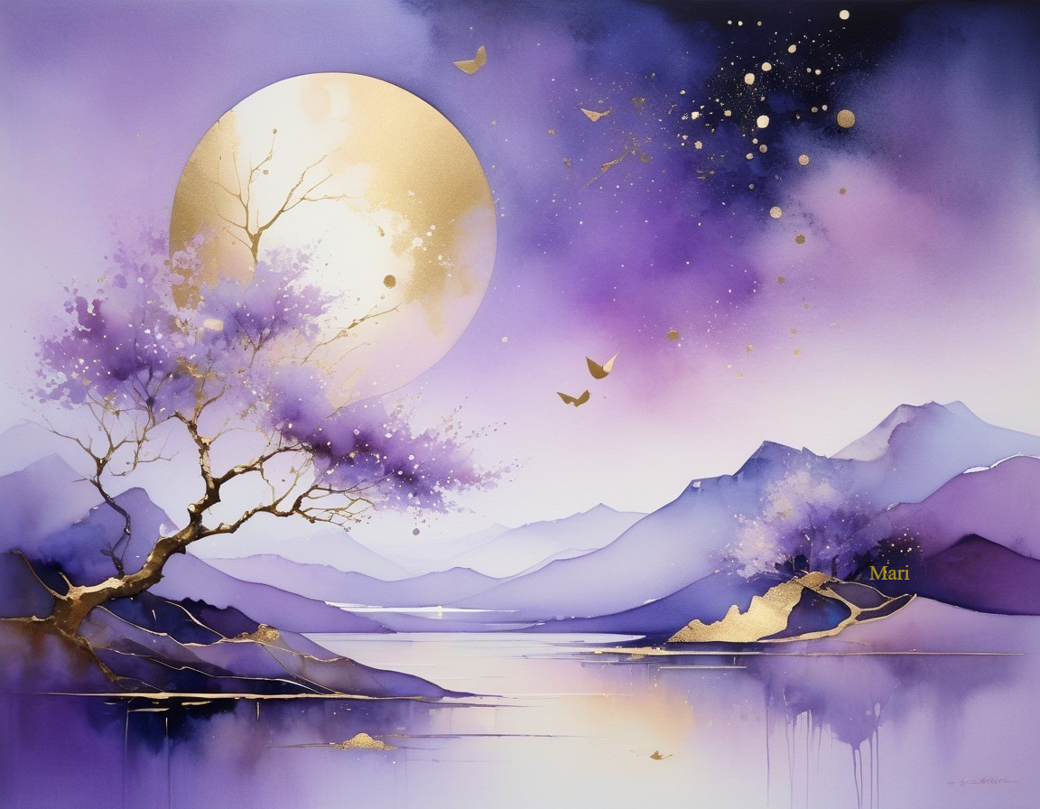Serene Landscape with Luminous Moon and Blossoming Tree