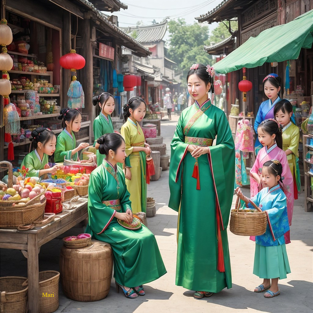 Vibrant Marketplace with Women in Traditional Attire
