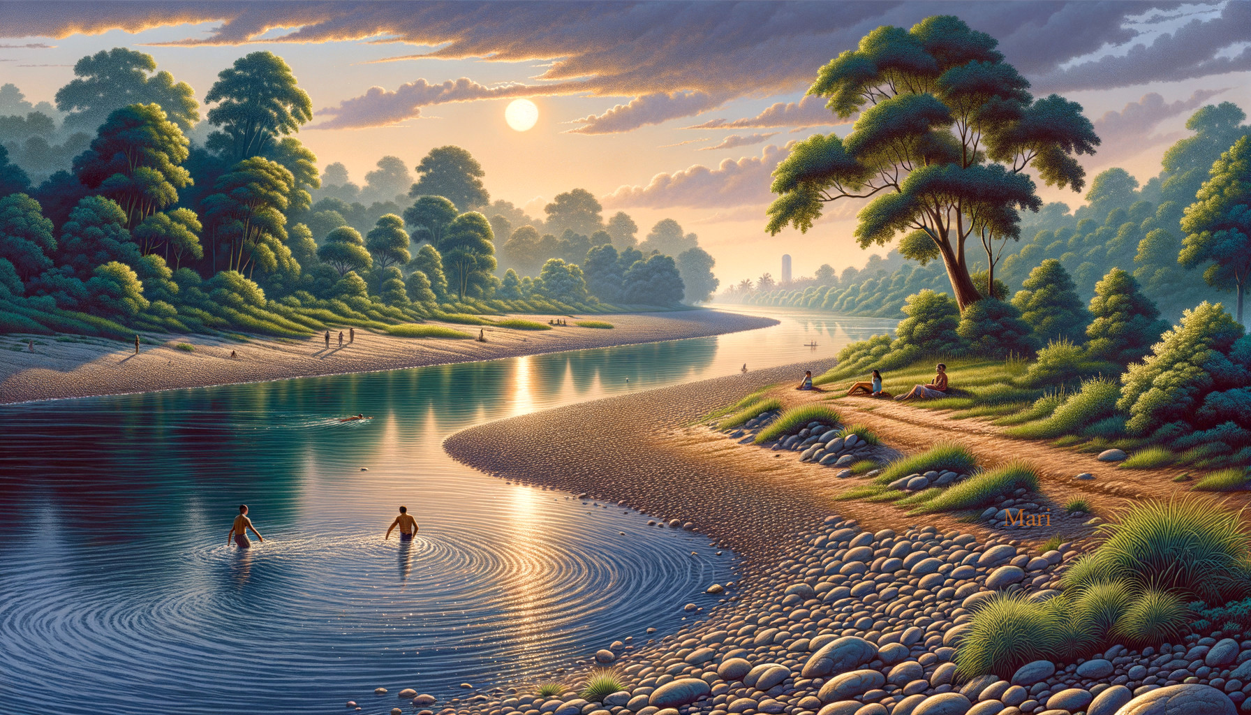 Serene riverside sunset with lush trees and figures