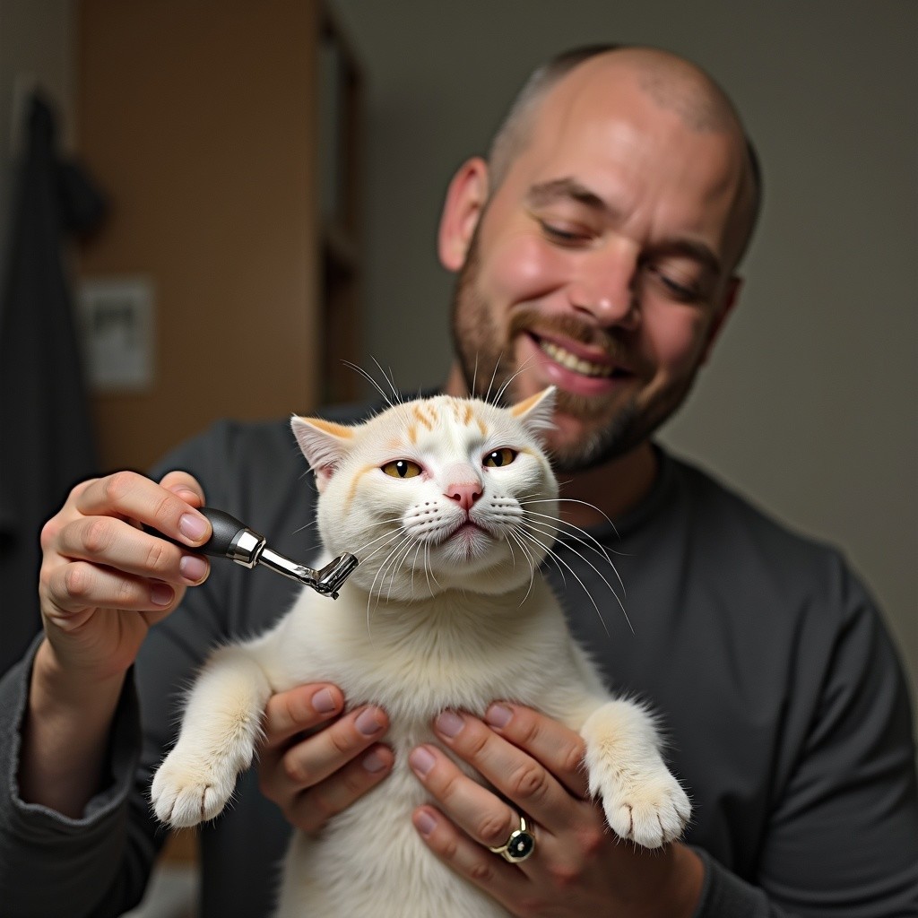 Man Grooming a Fluffy White Cat in Cozy Setting