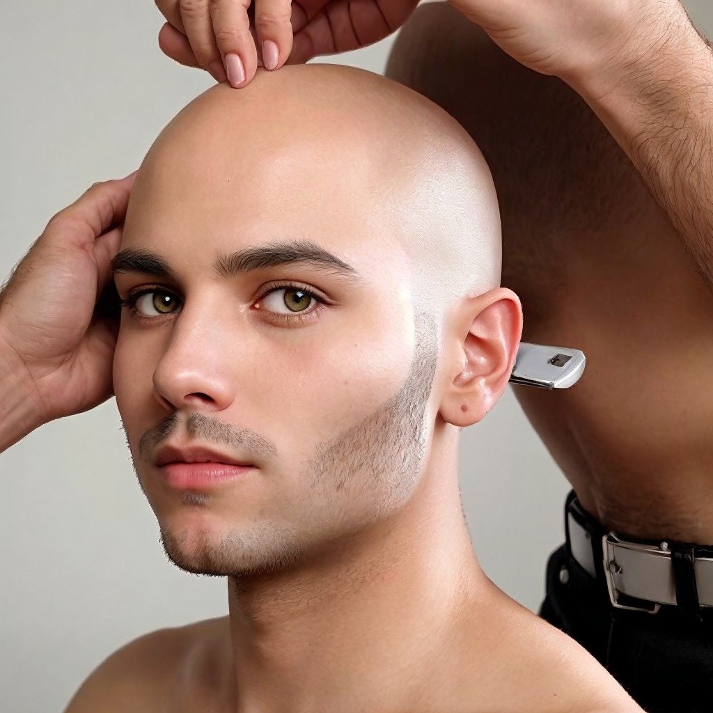 Young man with bald head and green eyes getting haircut