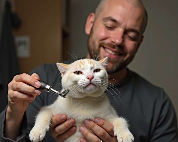 Man Grooming a Fluffy White Cat in Cozy Setting