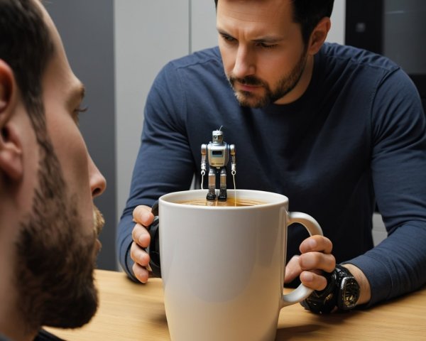Men at Kitchen Table with Robot in Coffee Mug