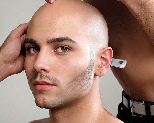 Young man with bald head and green eyes getting haircut