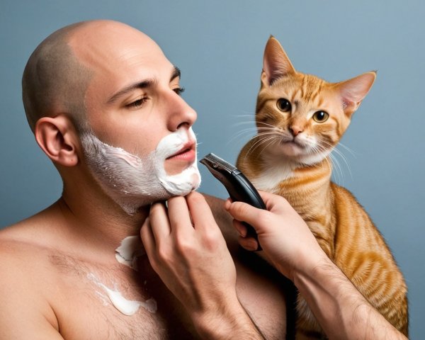 Man Shaving with Cat on Shoulder in Lighthearted Scene
