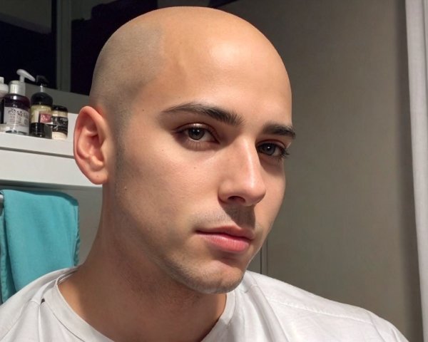 Young man with bald head and neutral expression indoors