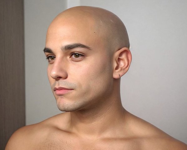 Young man with bald head and neutral expression