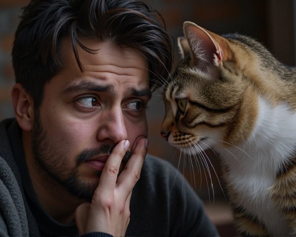 Close-up of a man and cat sharing a thoughtful moment