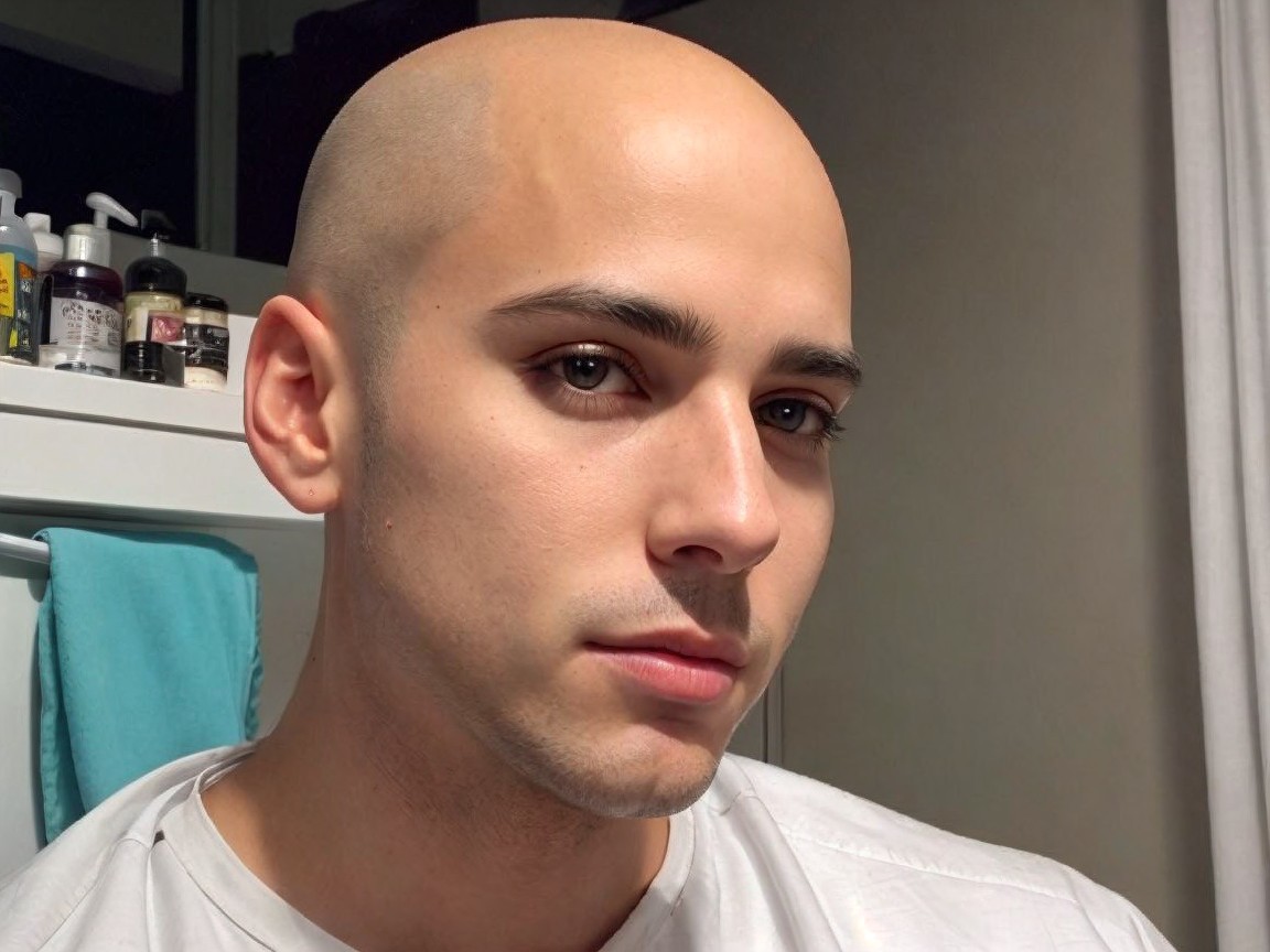 Young man with bald head and neutral expression indoors
