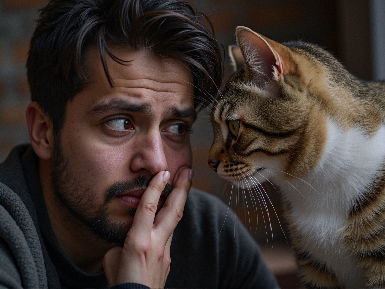 Close-up of a man and cat sharing a thoughtful moment