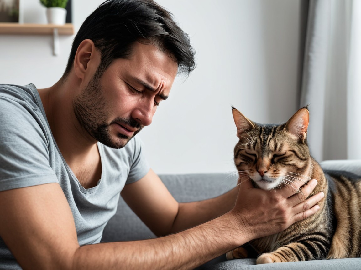 Man in Gray T-Shirt Holding Calm Cat in Cozy Setting