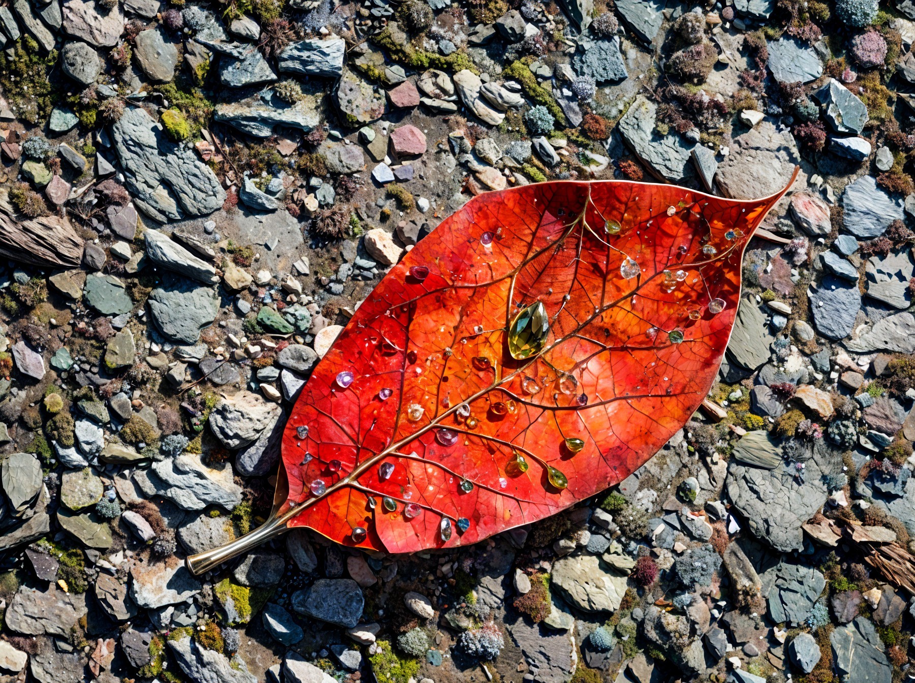 Red Leaf on Textured Pebbles with Water Droplets