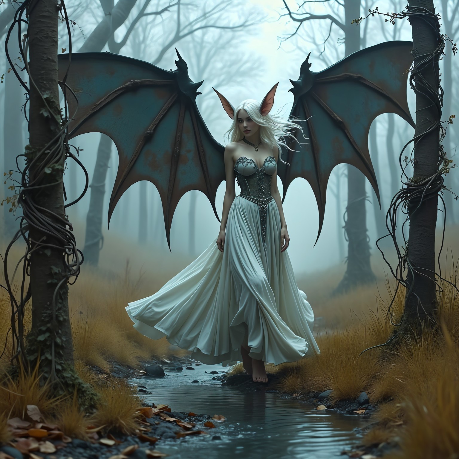 Misty Forest Scene with Mystical Figure and Wings