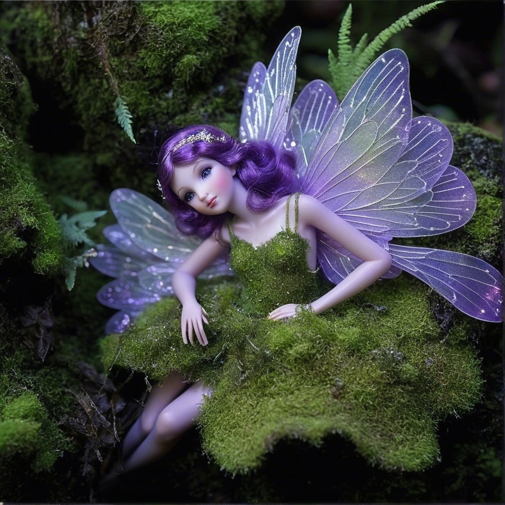 Fairy Doll with Purple Wings in Enchanted Forest Setting