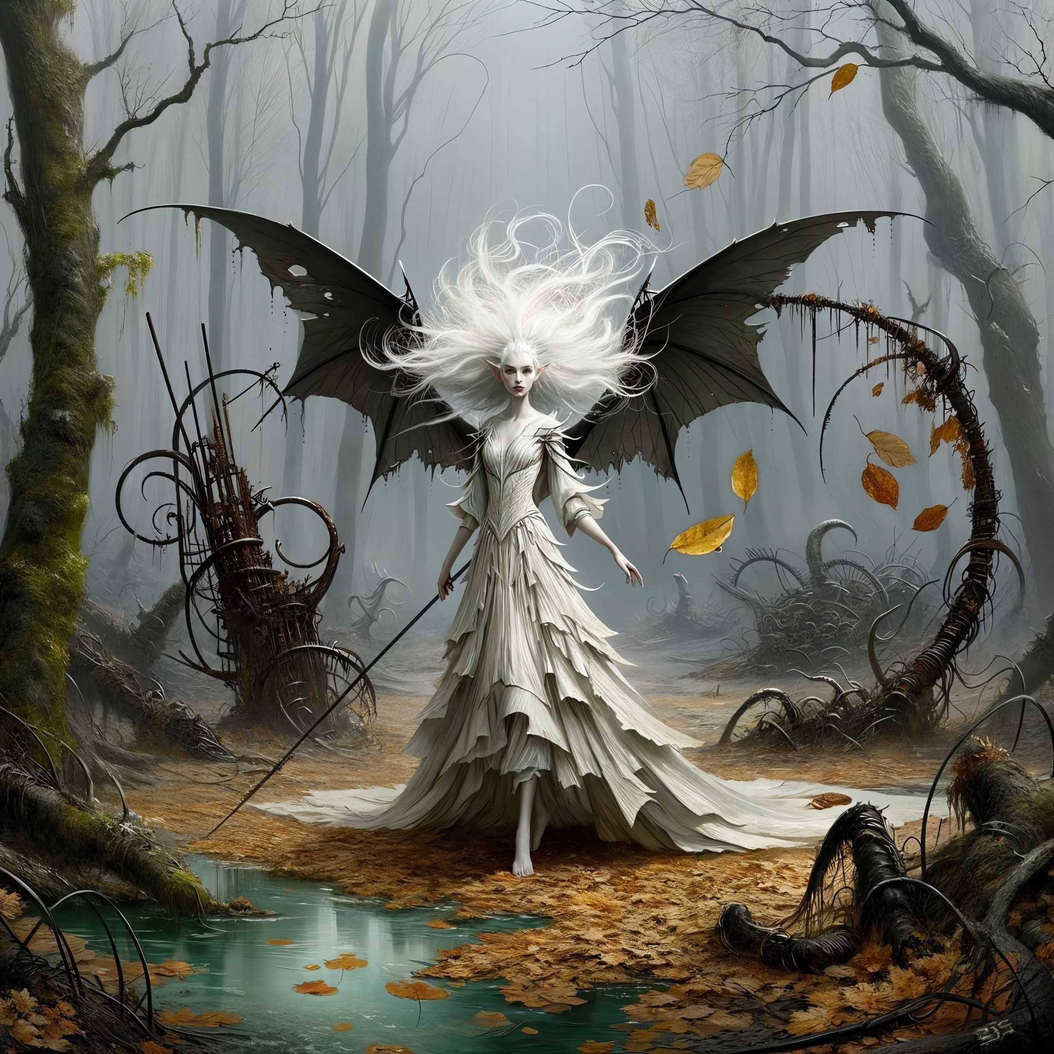 Ethereal Figure in Enchanted Forest with Dark Wings