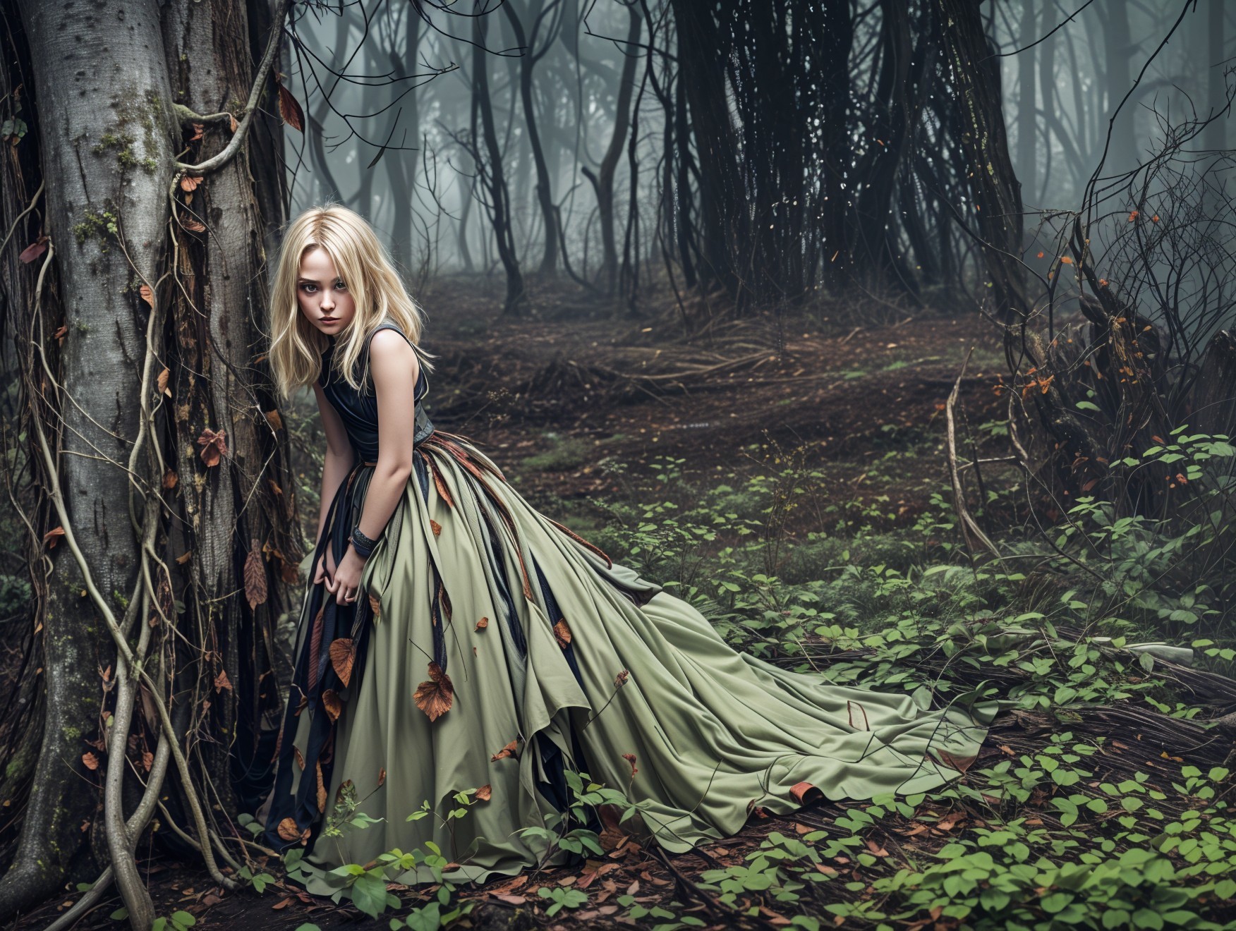 Young Woman in Green Dress in Misty Forest Setting