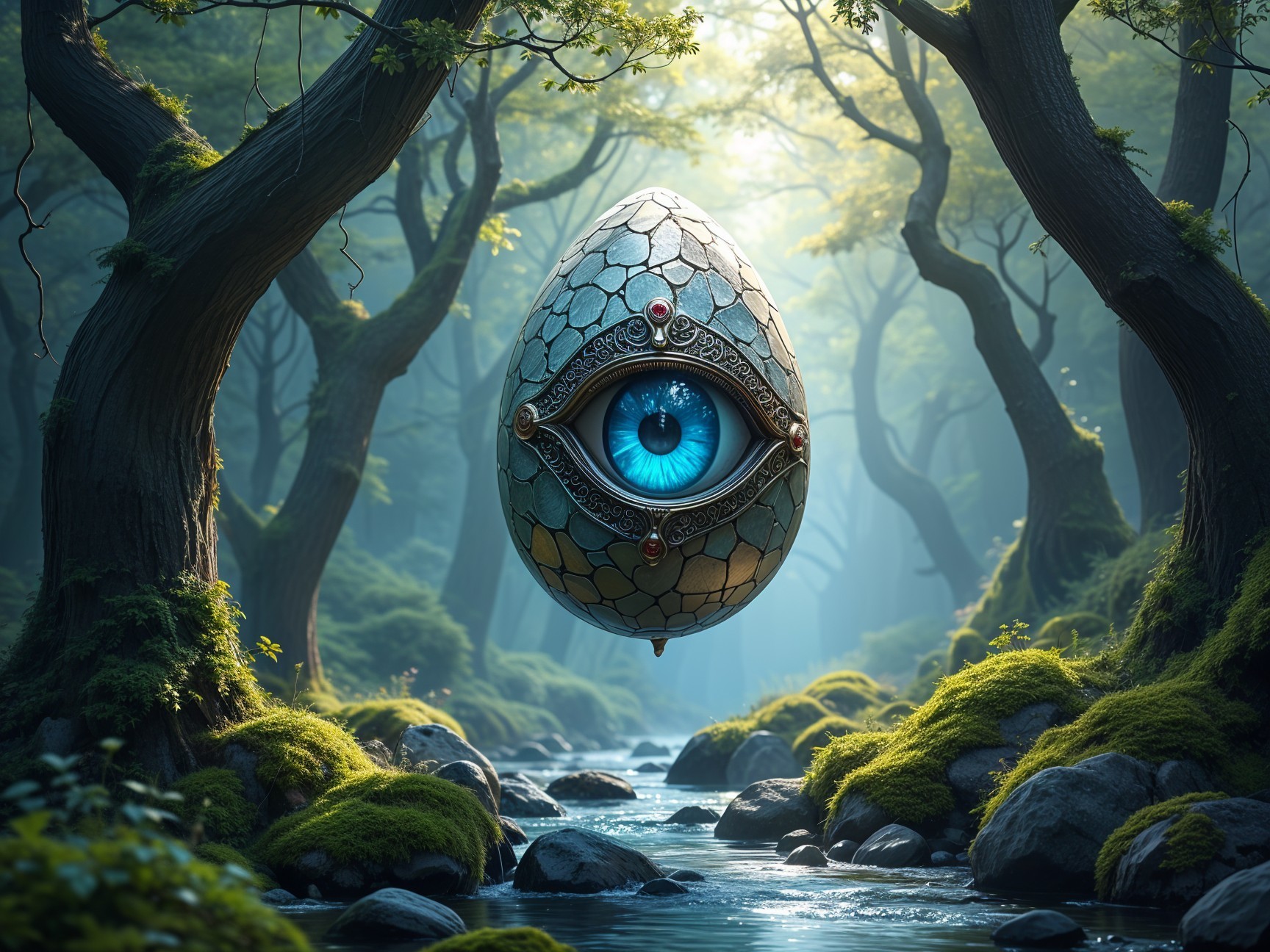 Ornate Egg in Mystical Forest with Ethereal Light
