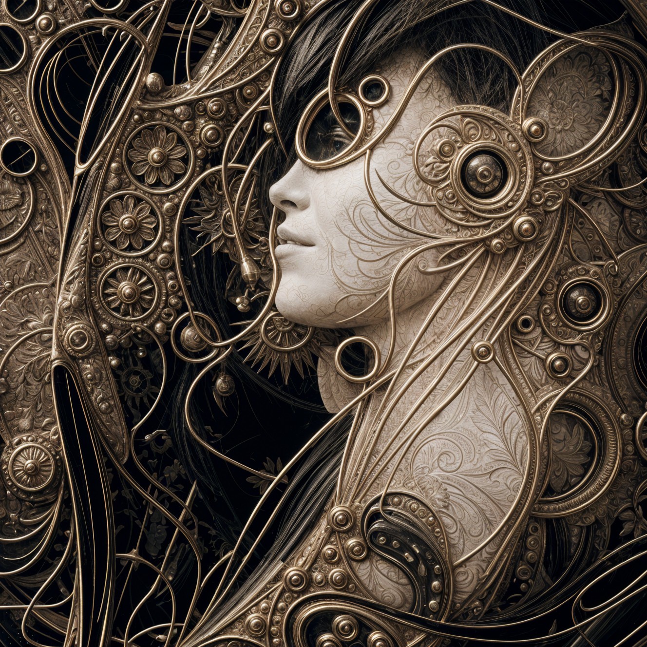 Intricate Female Profile with Floral and Metallic Patterns
