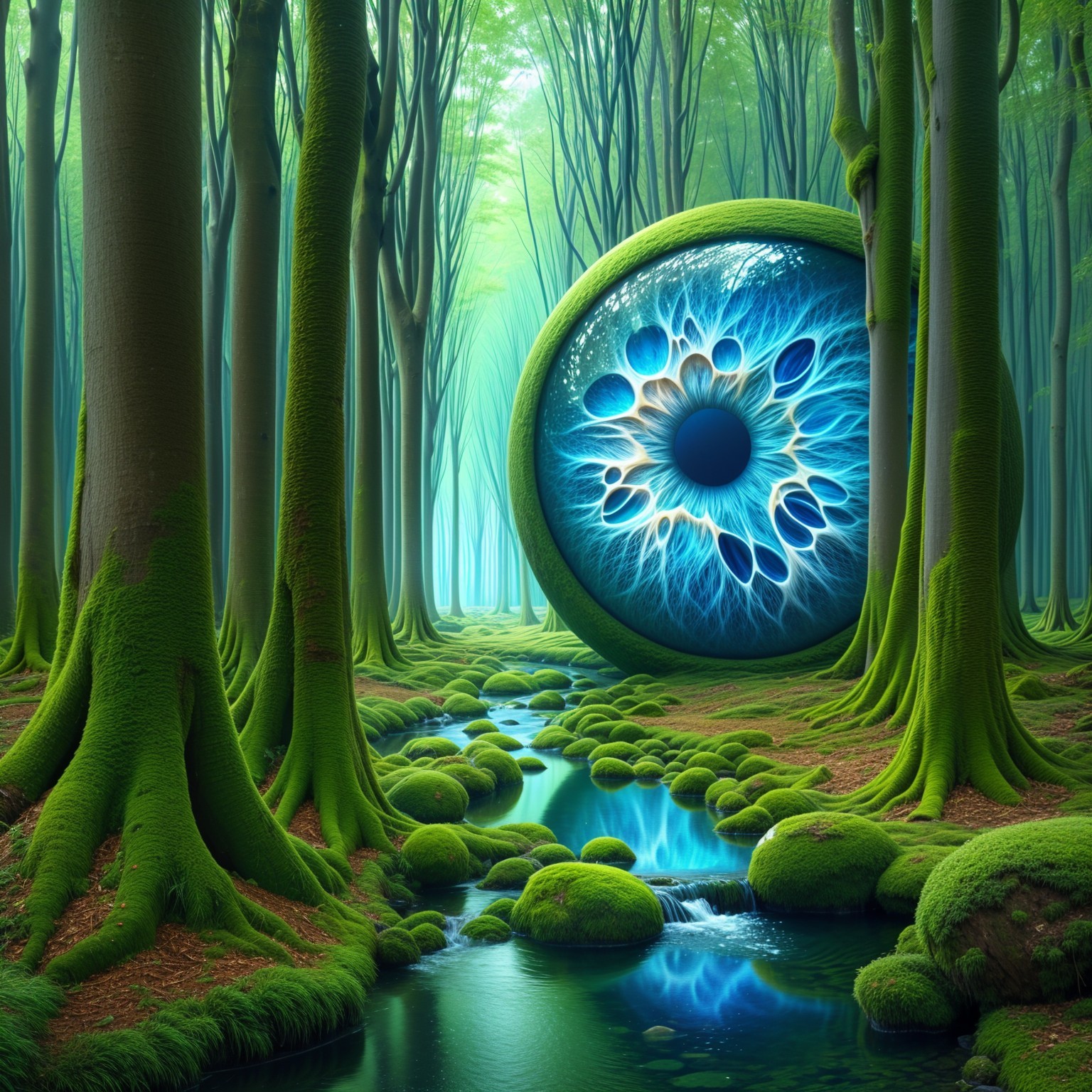 Surreal Eye Amidst Lush Forest and Tranquil Stream