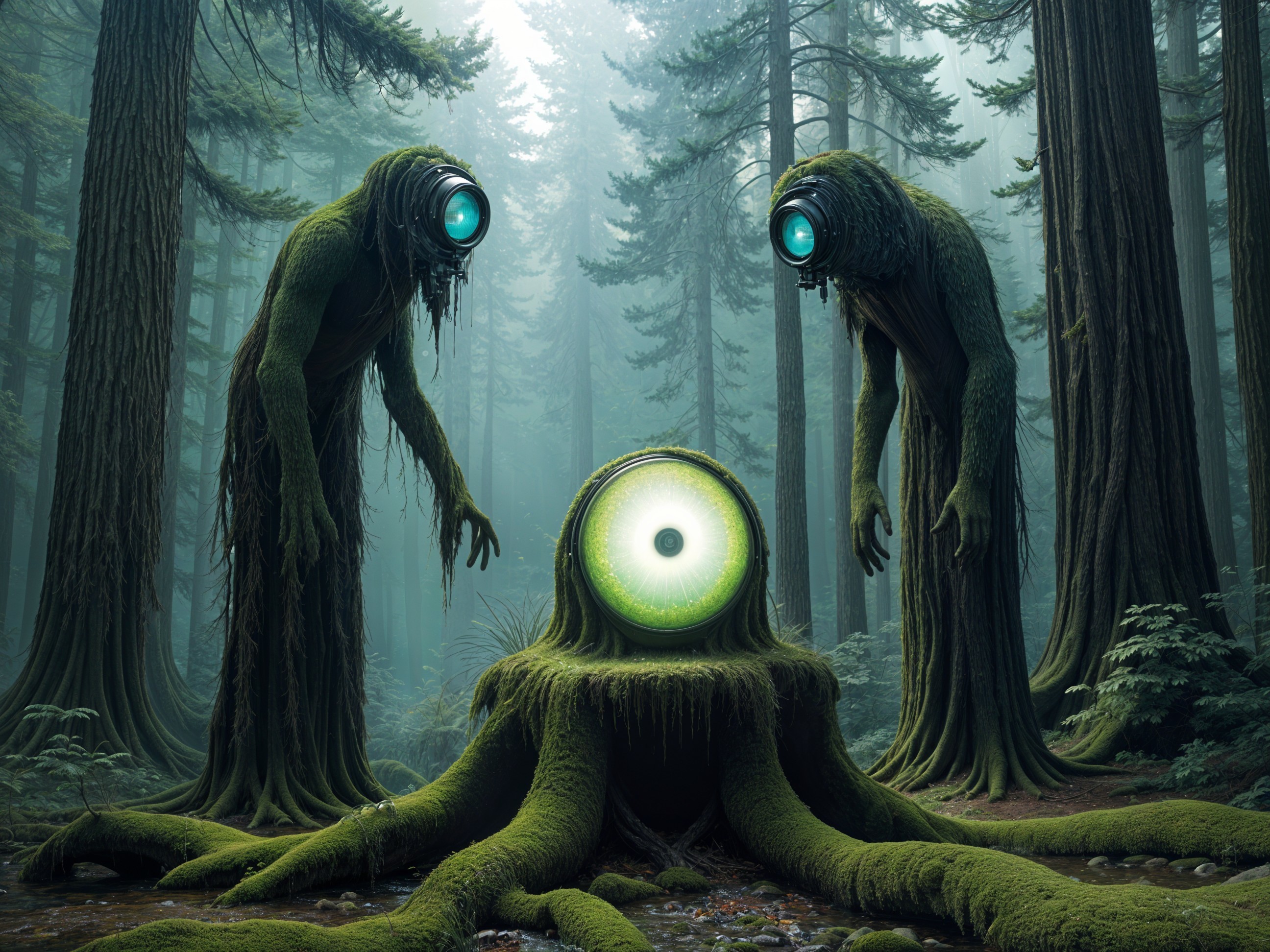 Moss-Covered Creatures in Mystical Forest Setting