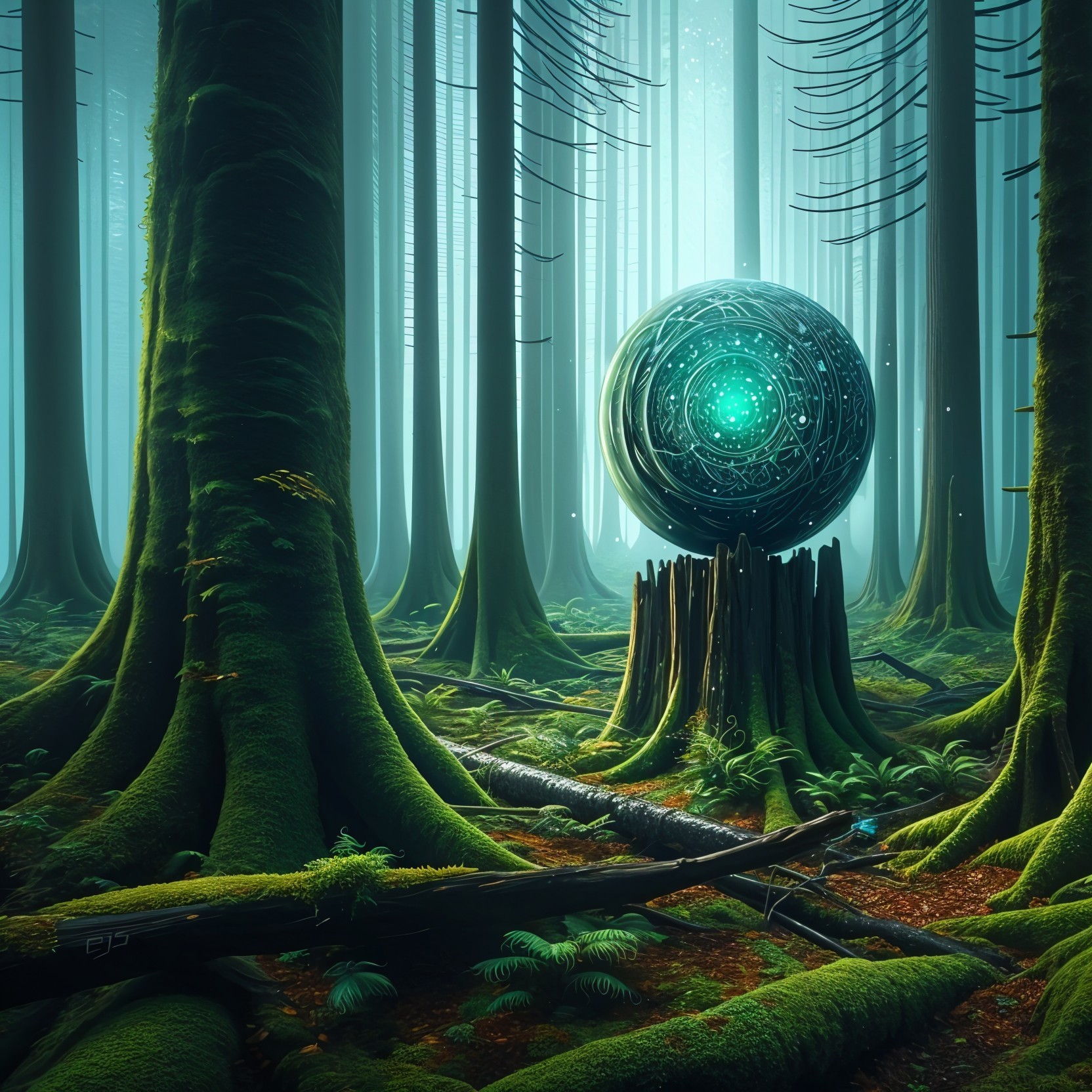 Mystical Orb in Fog-Laden Forest with Lush Greenery