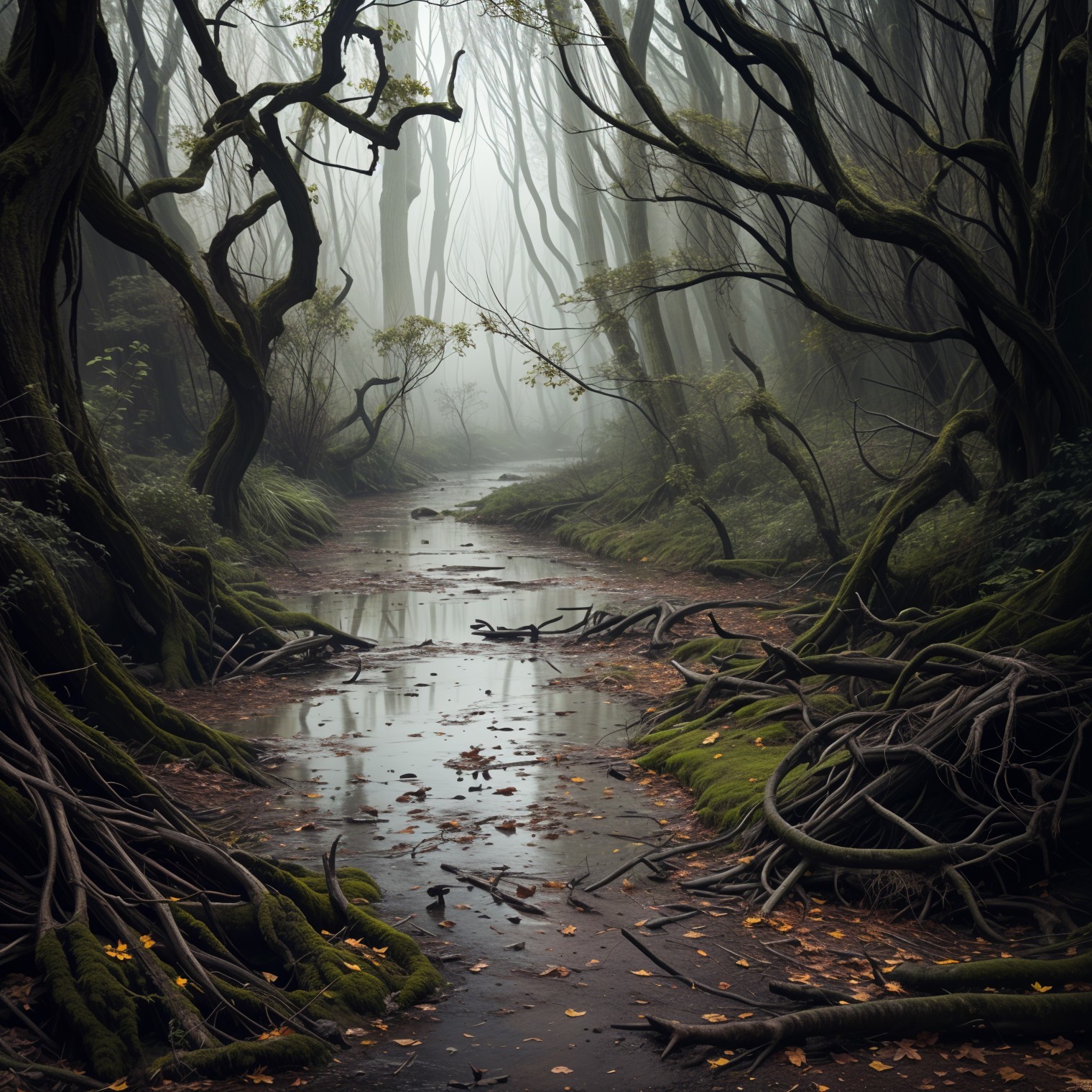 Serene Misty Forest with Twisted Trees and Stream