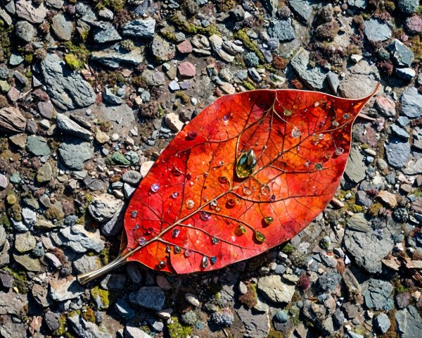 Red Leaf on Textured Pebbles with Water Droplets