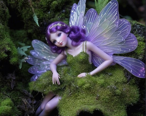 Fairy Doll with Purple Wings in Enchanted Forest Setting
