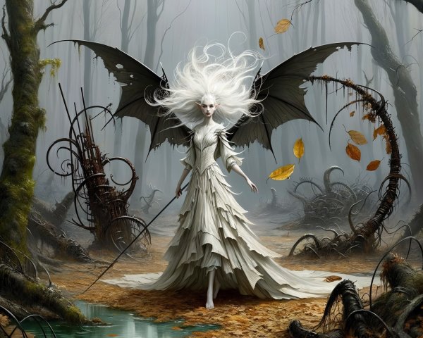 Ethereal Figure in Enchanted Forest with Dark Wings